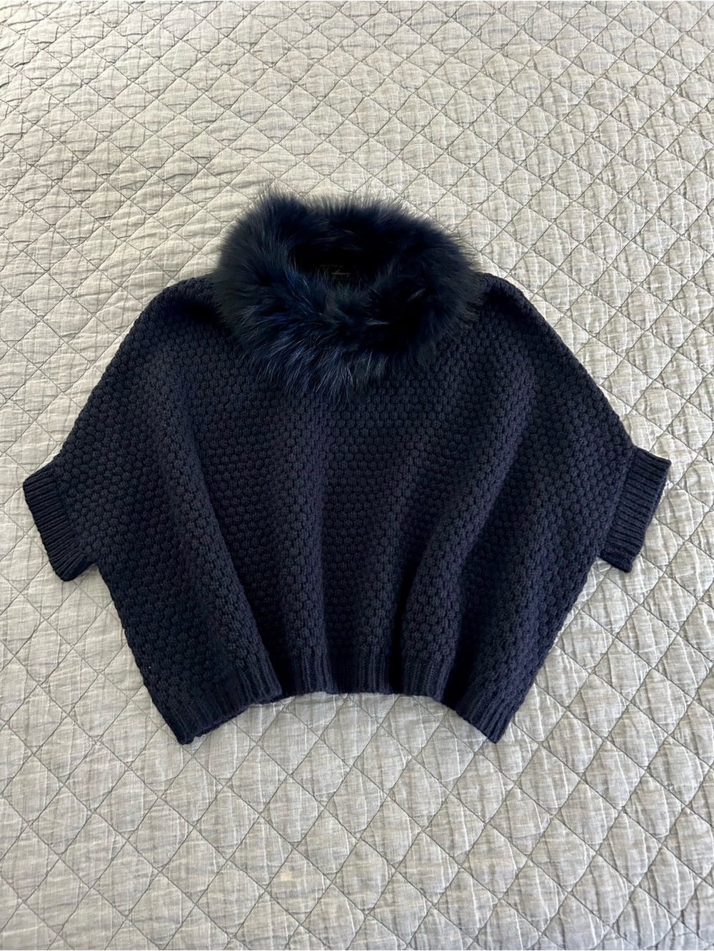 Linda Richards Luxury KN-66 Navy Genuine Fur Collar Knit Poncho